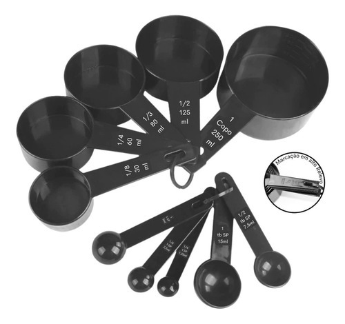 Kit 1 Jogo Xícaras E Colheres Medidoras Profissional Receita Cor Preto