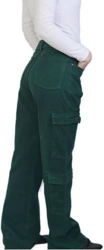 Pantalon Jean Cargo Mujer Verde Comodo Oversize Elastizado