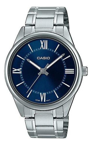 Reloj Casio Mtp-v005 De Hombre, Acero Inoxidable Fondo Azul Color De La Correa Plateado Color Del Bisel Plateado