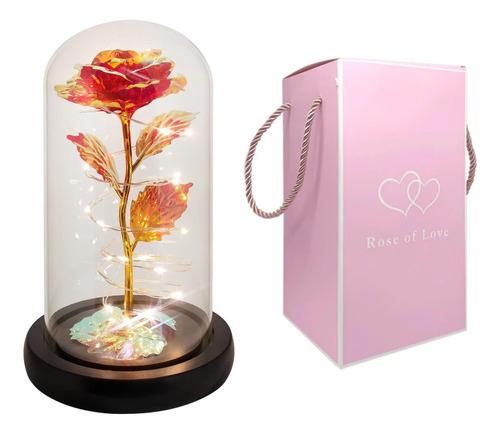 Rosa Eterna Led Regalo Mujer Flor En Cristal Base Madera