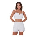 Conjunto Shorts Feminino Social Renda E Top Cropped #cj60