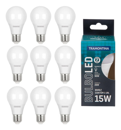 Kit 10 Lâmpadas Led Bulbo 15w E27 6500k Bivolt - Tramontina Cor Da Luz Branco-frio 110v/220v