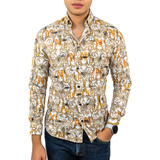 Camisa Hombre Casual Slim Blanca Floreada Dorada Alexis Roma