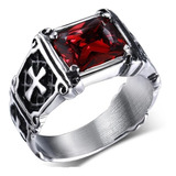 Anillo Cruz Acero Inoxidable Circonia Roja Unisex Ok89