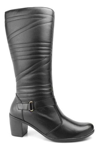 Bota Feminina De Couro Cano Longo Salto Quadrado Preto