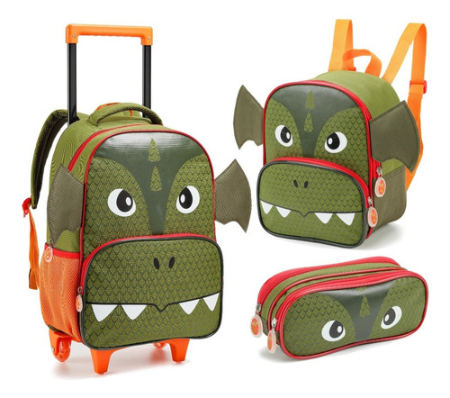 Kit Mochila Dinossauro Infantil Rodinhas Lançamento Escolar