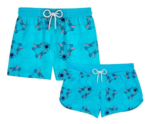 Kit Casal Short Praia Lilo & Stitch Raivoso Desenho Ref0256