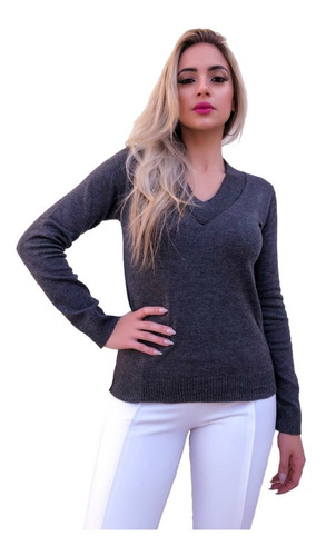 Blusa Feminina Básica Suéter Gola V De Tricot