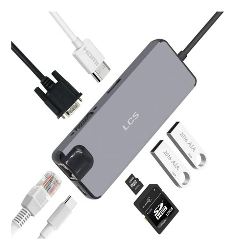 Hub Adaptador 8 En 1 Usb C 3.0 Hdmi 4k Vga Rj45 Sd Tf Pd Lcs