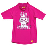 Polera Fucsia Manga Corta Diseño Unicornio Con Filtro Uv300+