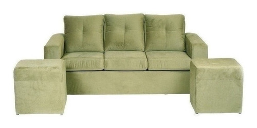 Sofá 3 Cuerpos Con 2 Pouf Felpa Verde Musgo/ Muebles América