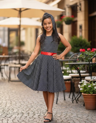 Vestido Infantil Meninas Anos 80 E 60 Godê Duplo Poá Bolinha | Parcelamento sem juros
