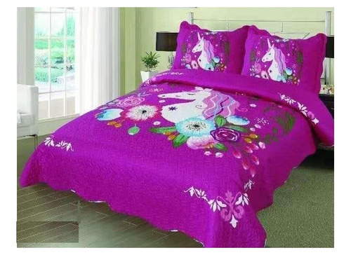 Cobertor Quilt Cubrecama Verano Unicornio 1.5 Plaza Co310