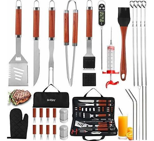 Set 30 Herramientas Asar Carne Parrilla Bbq Inyector Estuche