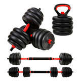 Kit Halteres 6 Em 1 Peso Musculação Até 40kg Ajustável Halter, Kettlebell, Anilha Cor Preto-vermelho