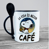 Taza Con Cuchara Snoopy La Vida Es Mejor Con Café