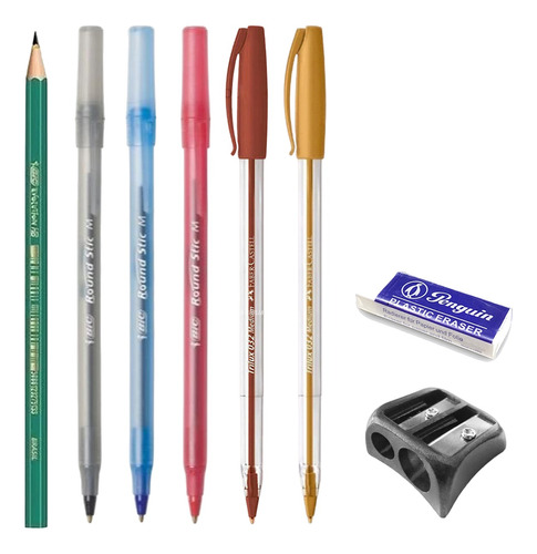 Set Básico Escolar Bolígrafos Lápiz Sacapuntas De Metal 8pcs