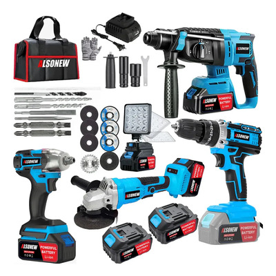 Kit Inalambrico Taladro Martillo Esmeriladora Llave Impacto Herramientas Eléctricas 5 Piezas Color Azul, Con 2 Batería +motor Sin Escobillas,iluminación Led | Envío gratis