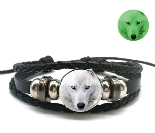 Pulsera Manilla Cuero Brilla En La Oscuridad Lobo Hombre 