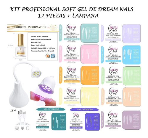 Kit Profesional De Soft Gel Dream Nails 12 Pcs + Lámpara