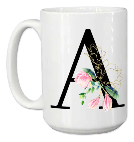 Taza Grande, Letra Inicial, Flores, Para Regalo, 15oz