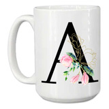 Taza Grande, Letra Inicial, Flores, Para Regalo, 15oz