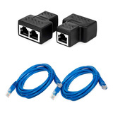 Adaptador 2x1 Extensor Duplicador Rede + 2 Cabo Internet 5m