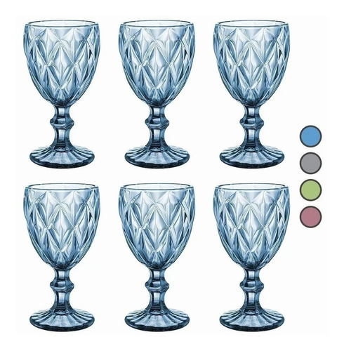 Juego 6 Copas Vino Agua Cristal Labrado Vidrio Color Vintage