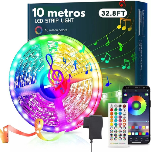 Cinta De Luz Led Rítmica Rgb 10 Metros Bluetooth + Control