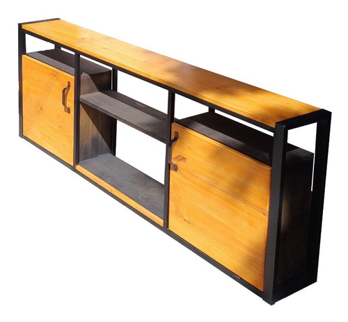 Mueble Rack Tv Puertas Industrial Hierro Madera 180x25x65