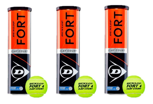 Pack 3 Tarro De Pelotas De Tenis Dunlop Fort Clay Arcilla X4