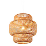 Lustre Sala Jantar Bambu Pendente Redondo 40cm Led Rustico