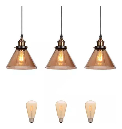 3x Lustre Pendente Vidro Ambar Cone Vintage + Led St64 F3579