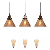 3x Lustre Pendente Vidro Ambar Cone Vintage + Led St64 F3579