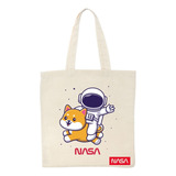 Bolsa Tote Bag Nasa Perro Astronauta Color Beige Diseño De La Tela Liso