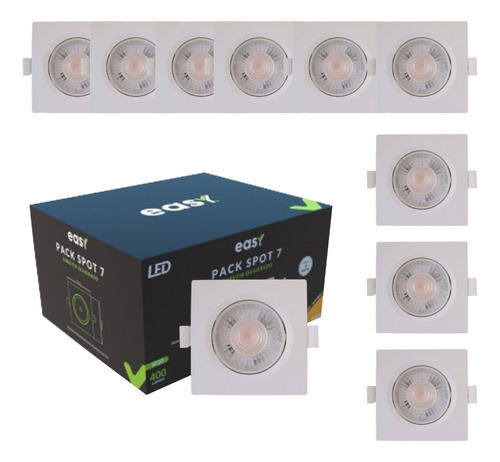 Pack 10 Spots Led 7w Embutir Quadrado Branco Quente 3000keasy