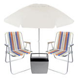 Kit Guarda Sol 2 M + 2 Cadeiras De Praia + Cooler Cinza 26 L