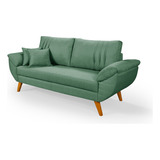 Sofa Retro 3 Lugares 2,10m Linho Pes Madeira Almofadas Solta Cor Verde