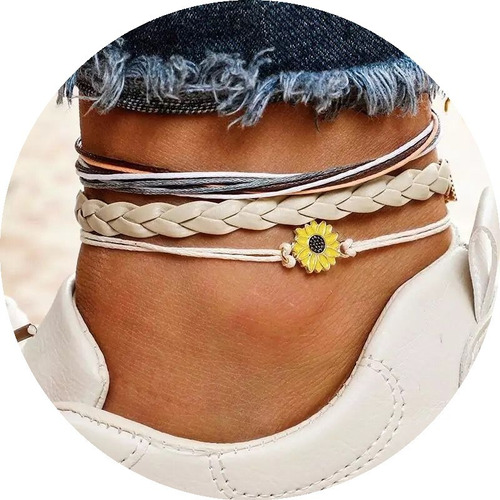 Tobilleras Cadena Set Tobillo Mostacillas Girasol Pulseras