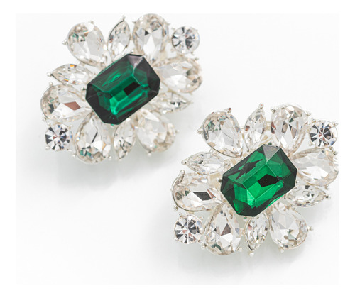 Aros Clip A Presion Diseño Flor Piedra Strass Verde Plateado