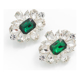 Aros Clip A Presion Diseño Flor Piedra Strass Verde Plateado