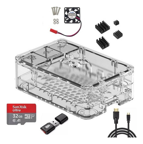 Kit Case + 4 Dissipadores + Cartão 32gb P/ Raspberry Pi4