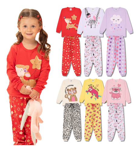 Kit 2 Pijama Infantil Menina Inverno Manga Longa 1 A 10 Anos