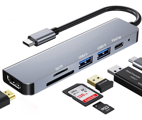 6 En 1 Adaptador Usb C Hub 3.0 Tipo C Hdmi 4k Sd Hub