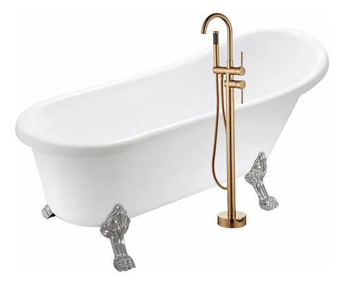 Solana Kit Bañera Estilo Vintage 170x80x75 Cm De Acrilico Solido Blanco Con Grifo Independiente Cuello Cisne Color Dorado / Bañera Ovalada Slim Blanca Con Patas De Acero