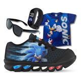 Kit Tenis Infantil Led Sonic Preto+camisa+relogio+oculos