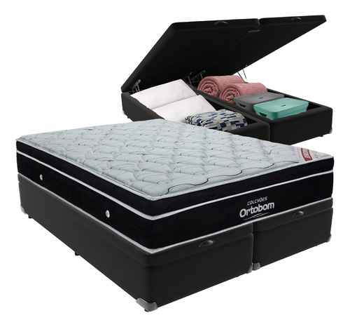 Cama Box Queen Preto Baú Ortobom Elegant Molas Ensacadas