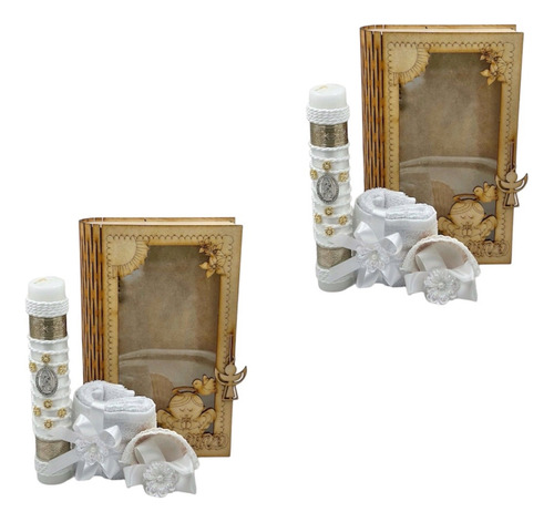 2 Kit Bautizo Mdf Libro Concha Natural Vela Toalla Decorada 