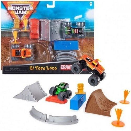 Monster Jam Pista C/rampa Toro Loco + Grave Digger Int 58725 Color Naranja Y Verde