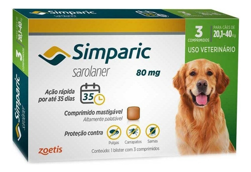 Comprimido Antiparasitário Zoetis Simparic Anti Pulgas E Carrapatos Simparic 80mg Para Cachorro De 20kg A 40kg 3 Comprimidos